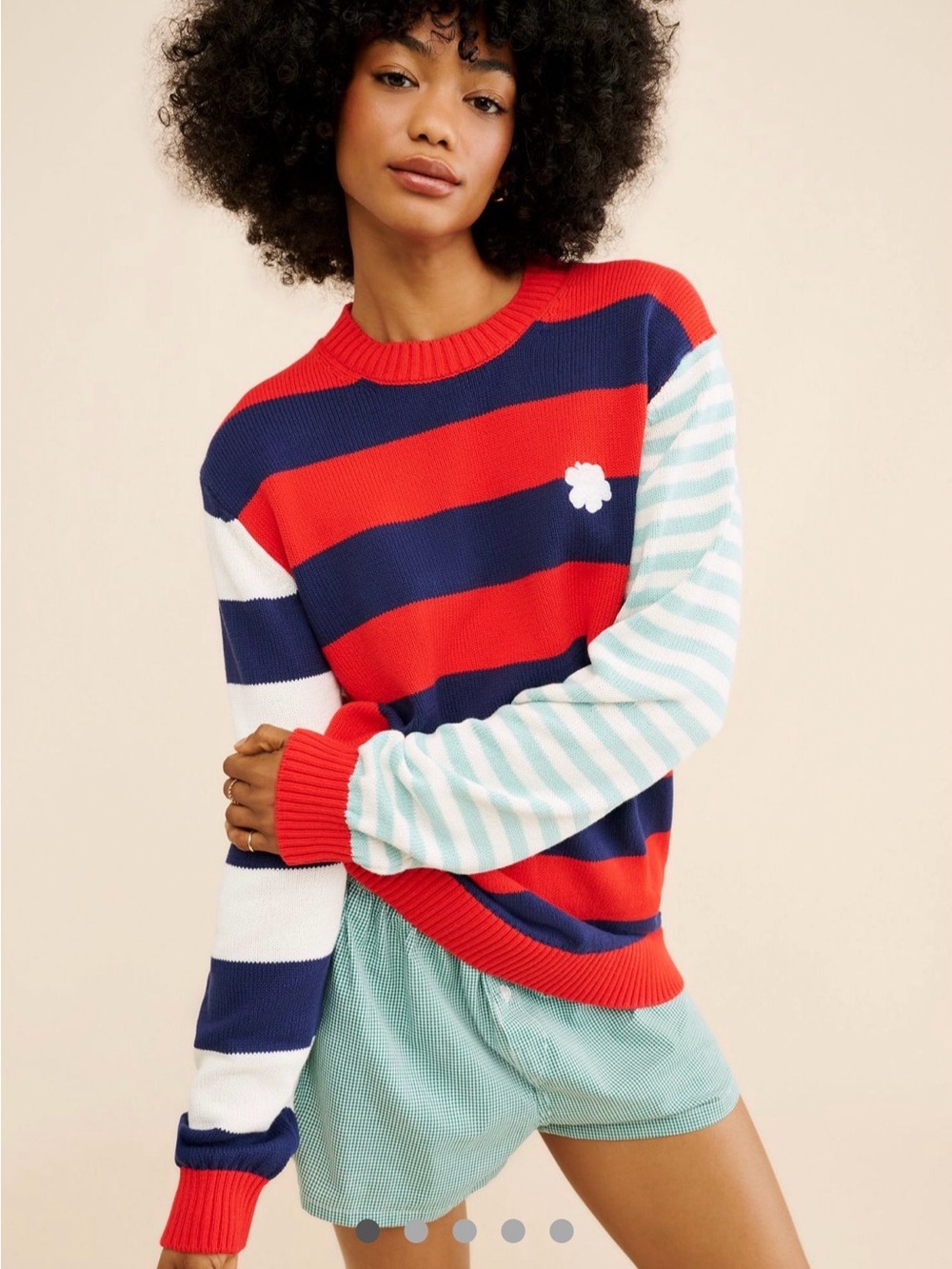 Marimekko Kesakoju Maalis Colorblock Cotton Sweater Red Navy Mint M